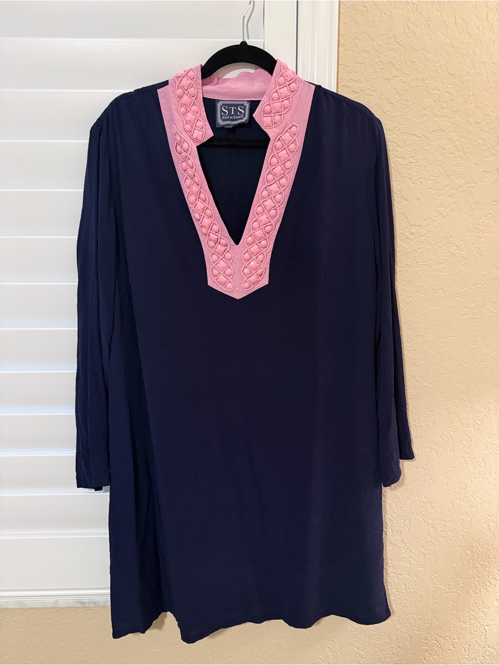 Sail to Sable Navy Tunic Dress with Pink Embroidered V-Neck